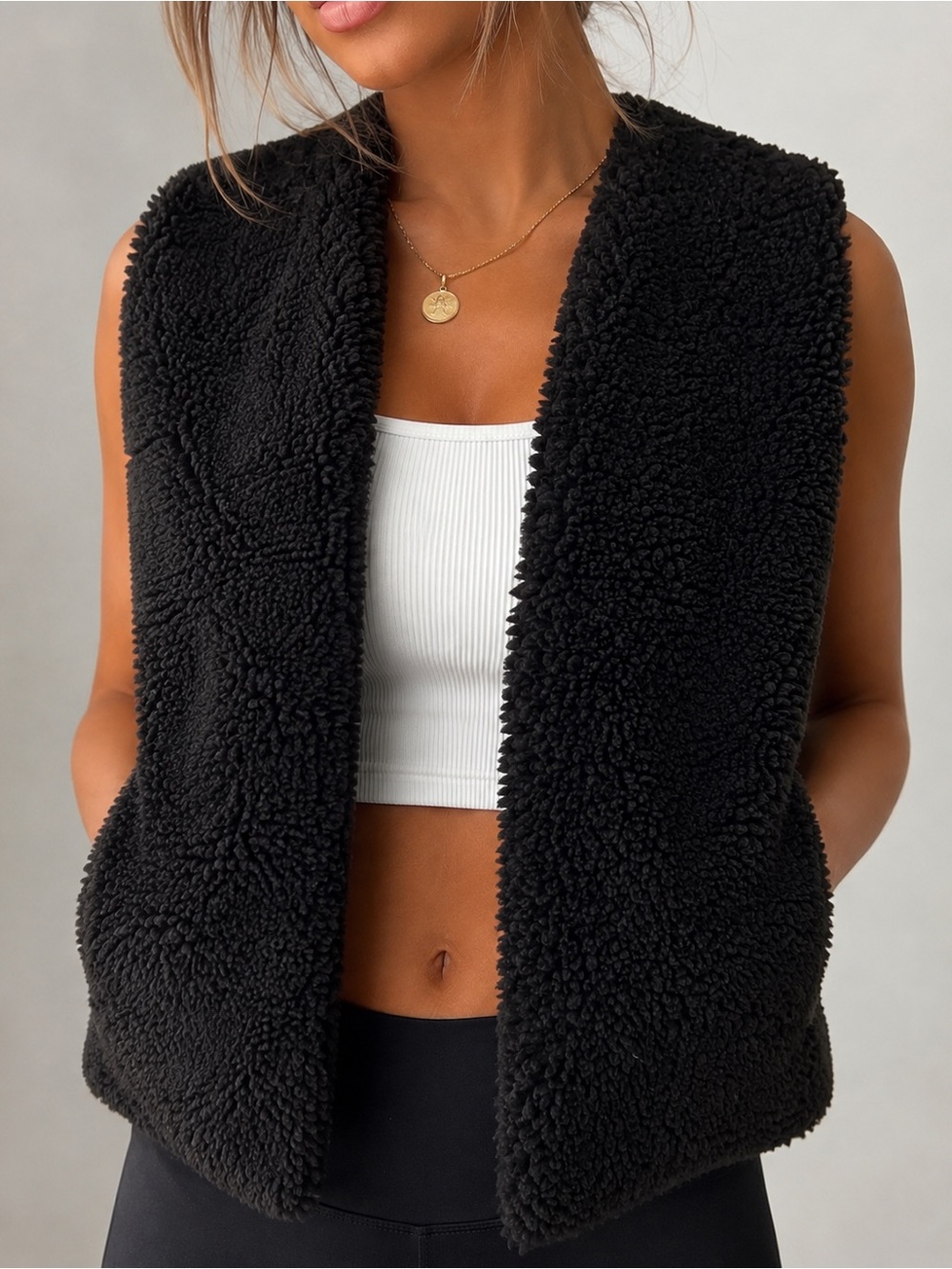 Madison Black Sherpa Open-Front Vest